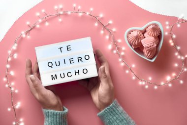 Valentine top view on pink background. Light garland, woman hands showing heart sign. Metallic pink champagne. Trendy monochrome flat layout . Text 