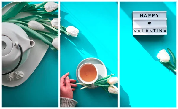 Collage, composite image. Spring geometric flat lay. Female hands show heart shape sign. Tea cup, tea pot, sweets, white tulips on blue mint table. Mother day, international women 8 March background. — Stok fotoğraf