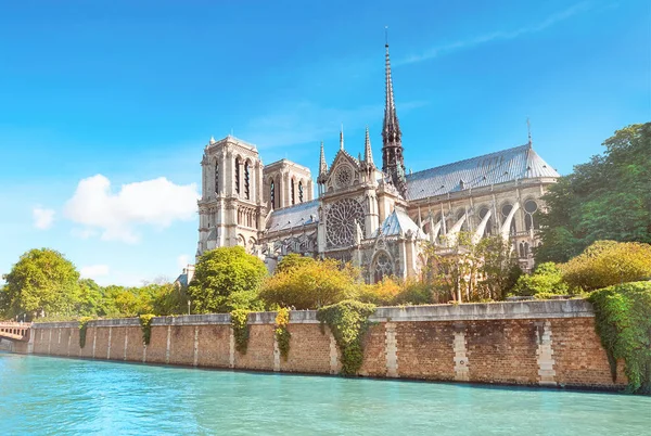 Nieuszkodzona wschodnia fasada Notre Dame de Paris wiosną przed pożarem. Sezonowe tło podróży wiosną, panoramiczny obraz, panorama nieuszkodzonego słynnego francuskiego zabytku odzwierciedlonego w Sekwanie. — Zdjęcie stockowe