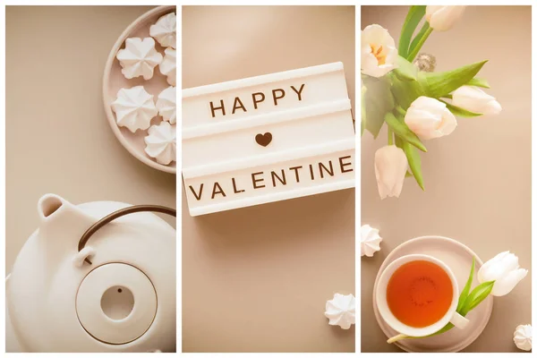 Fondo compuesto tonificado San Valentín, collage. Geométrico plano panorámico yacía con las manos. Taza de té negro, olla, dulces, tulipanes blancos en gris, pizarra. Texto Feliz día de San Valentín. Color naranja melocotón . —  Fotos de Stock