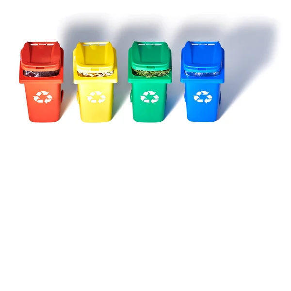 四个彩色编码回收箱 几何彩虹纸背景上的等距投影与复制空间 垃圾桶上的回收标志 黄色和绿色在白色上 废物分类概念 — 图库照片