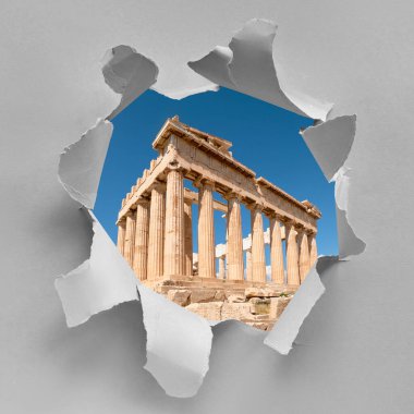 Atina, Yunanistan 'dan mavi gökyüzü ile aydınlık bir günde Parthenon tapınağı ile kağıt deliği. Klasik antik Yunan medeniyeti simgesi, ünlü bir yer. Yunanistan 'a git birleşik resim, kare kompozisyon.