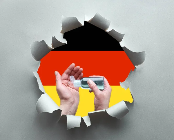 Germany Fight Novel Coronavirus Hand Hygiene Disinfection Gel Paper Hole — Stock Photo, Image