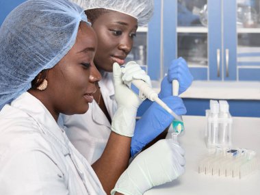 Laboratuvar önlüğü ve eldiven giyen iki Afrikalı bilim adamı, teknik asistan veya mezun test laboratuarı veya tıp laboratuarında hasta örneklerini PCR testine tabi tutuyorlar. Gülümseyen profesyoneller çok çalışır..