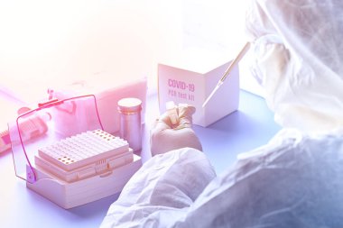 SARS-COV-2 PCR tanı kiti. Koruyucu giysi, maske ve gözlük giyen epidemiyoloji uzmanı hasta örneklerindeki virüsü tespit etmek için reaksiyonu karıştırıyor. PCR 2019-nCoV virüsünün Covid-19 pnömonisine neden olduğunu tespit etti.