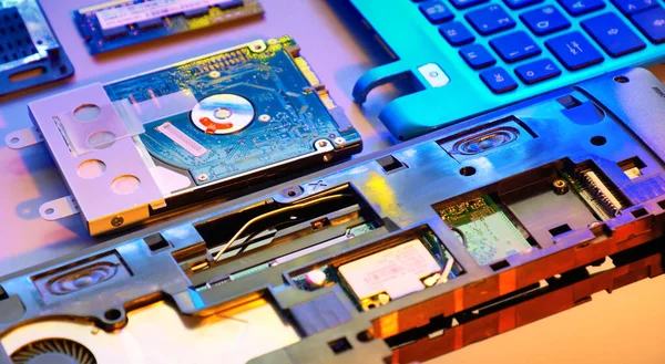 Closeup Electronic Motherboard Card Hardware Repair Shop Blurred Panoramic Image — Stock Photo, Image