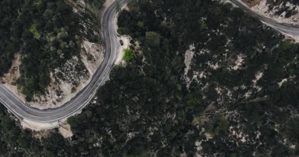 Légi Felvétel Egy Parkoló Fekete Autó Oldalán Egy Kanyargós Erdős — Stock videók