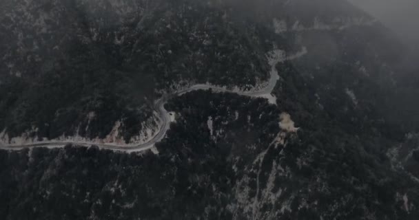 Aerial Shot Black Car Driving Winding Mountain Wooded Road Santa — Stock Video