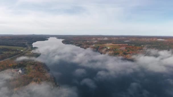 Αεροφωτογραφία Του Ποταμού Καθρέφτη Και Παραθαλάσσιο Χωριό Φθινόπωρο Του Δάσους — Αρχείο Βίντεο