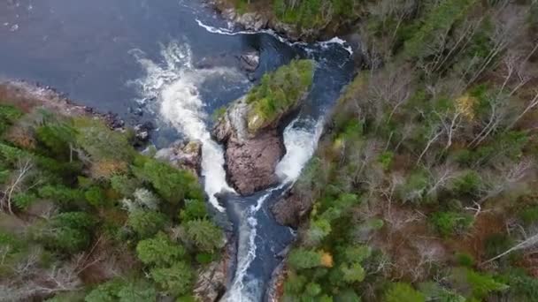 Overhead drone shot of running water between the shores with dense forest Aguasabon Falls, Ontário, Canadá — Vídeo de Stock