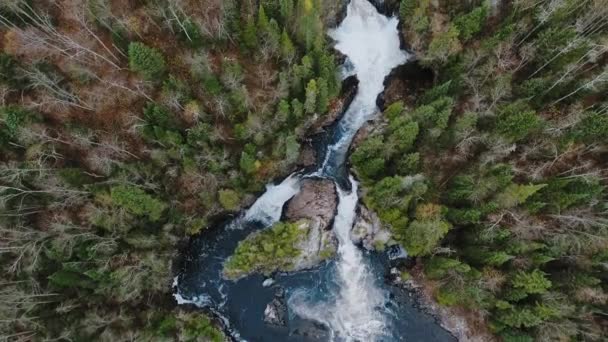 Tiro aéreo de bela floresta de outono e água corrente entre as margens Aguasabon Falls, Ontário, Canadá — Vídeo de Stock