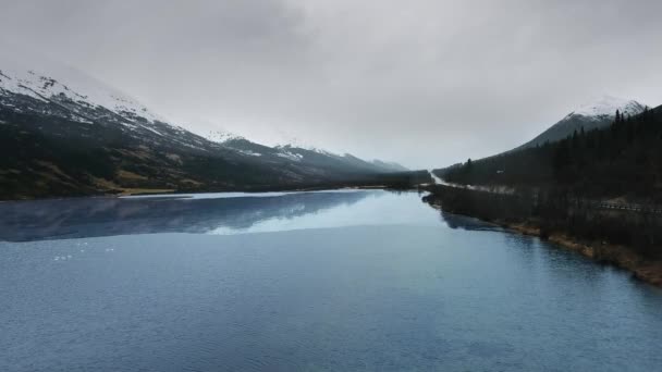 Nagranie drona zamarzniętej rzeki ze stadem łabędzi trębaczy pomiędzy górami z drogą nad jeziorem Summit, Alaska, USA — Wideo stockowe