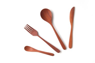 wooden cutlery sppons forks knife isolated on white background