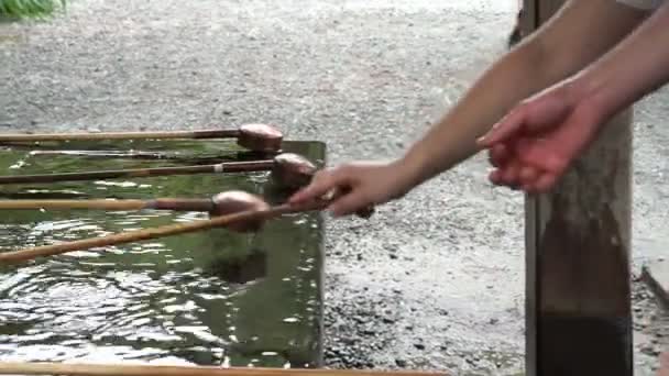 Japansk tempel fontän i fronten. Ge vatten för att tvätta sin hand och ande innan du går inne i templet — Stockvideo