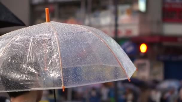 Akihabara, Tokyo, Japan - September 2016: japanese people holding clear umbrella walking across street junction in game and anime world famous area Akihabara — Stock Video