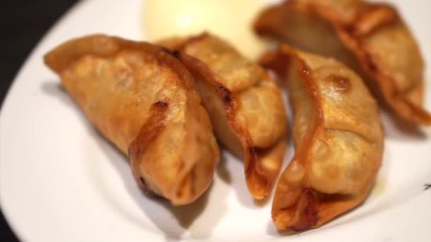 Dumpling japonés, Gyoza frita comiendo con mayonesa con palillos — Vídeos de Stock