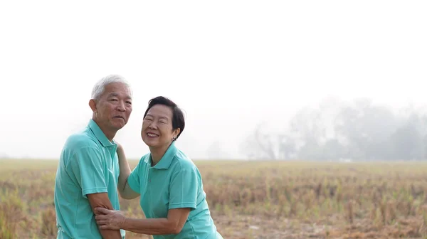 Potrait av asiatiska senior par på ljusa gröna bak — Stockfoto