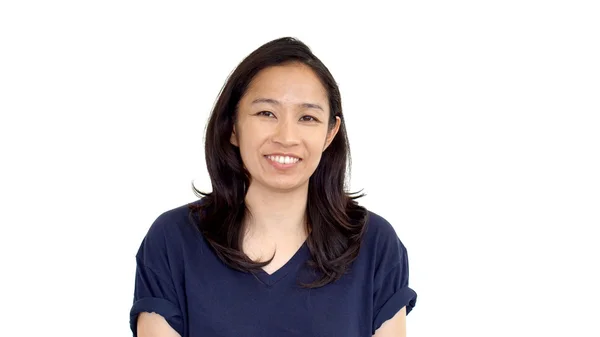 Casual asian girl white background smiling face with relax tee shirt — Stock Photo, Image