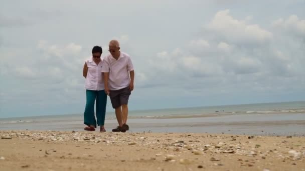 Asyalı yaşlı çift sahilde kabukları toplama — Stok video