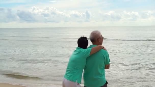 Casal sênior asiático andando feliz pela praia. Bem planejar estilo de vida aposentado não há problema financeiro — Vídeo de Stock