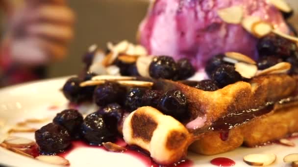 Close up ice cream blueberry waffle — ストック動画