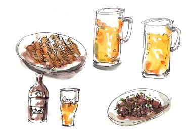 Japon Izakaya stil illüstrasyon yiyecek ve içecek. Soğuk bir bira wi