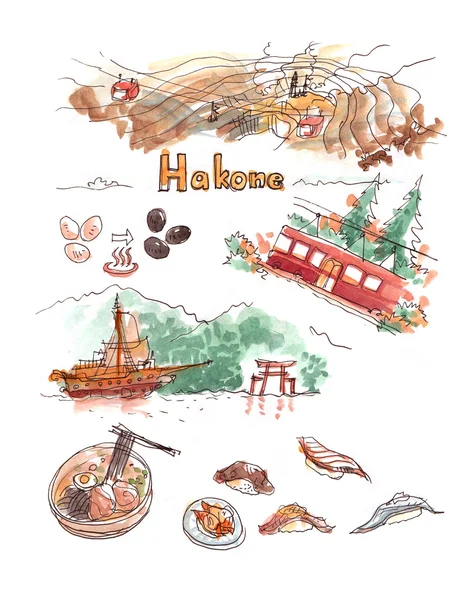 Hakone atttractions aquarel illustratie. Warmwaterbron kabelbaan, — Stockfoto