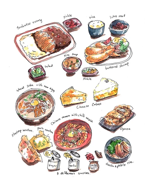 Variedade de comida japonesa pintura à mão aquarela ilustração — Fotografia de Stock