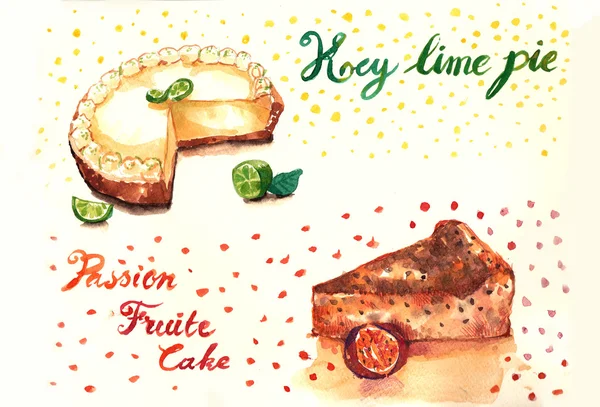Key lime pie and passion fruit cakes watercolor illustration — Stock Photo, Image