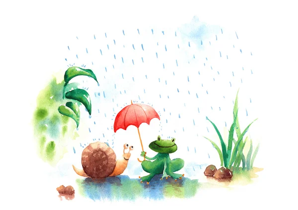 Beautiful watercolor illustration of Rainy season frog and snail — Stock Photo, Image