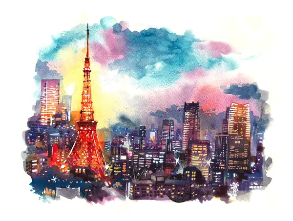 Japão torre de Tóquio marco no crepúsculo aquarela ilustração — Fotografia de Stock