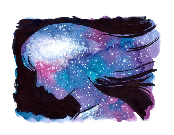 여자 머리와 영혼 안에 우주 갤럭시 수채화 그림 — 스톡 사진