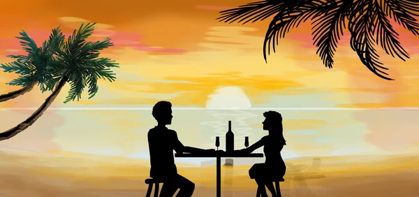 Romantiska par middag på tropisk solnedgång illustration — Stockfoto