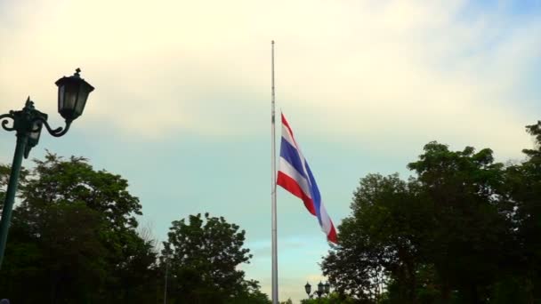 Πεταχτεί ή μισό-προσωπικό της Ταϊλάνδης εθνική σημαία προκειμένου να γίνεται σεβαστή και mouring — Αρχείο Βίντεο