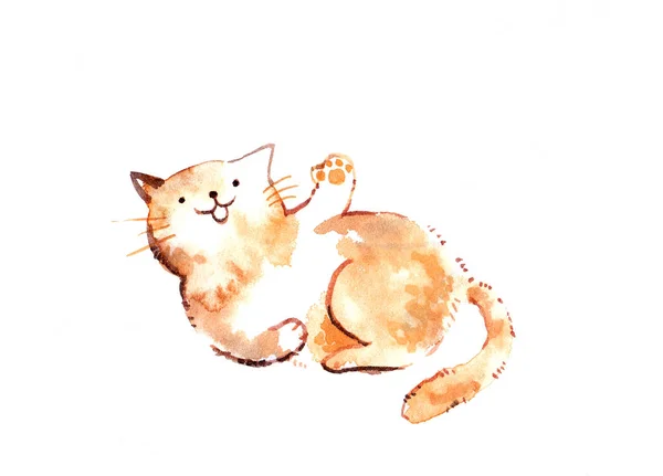 Brown cartoon watercolor illustration cat waving its paw with co — Stock Photo, Image
