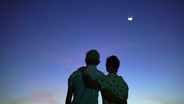 Ásia sênior casal segurando mão desfrutar momento de feliz vida em conjunto com mágico hora céu e lua fundo — Vídeo de Stock