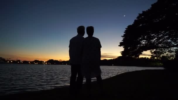 Cuplu matur asiatic senior care sărbătorește aniversarea la lac, luna de dimineață și răsăritul soarelui — Videoclip de stoc