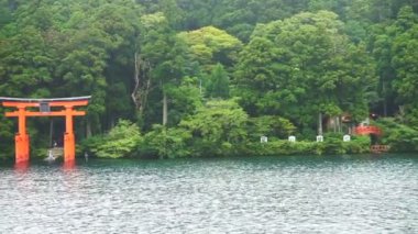 Kırmızı tori tapınak kapısı ASHI göl, Hakone, Japonya'nın popüler turistik yer