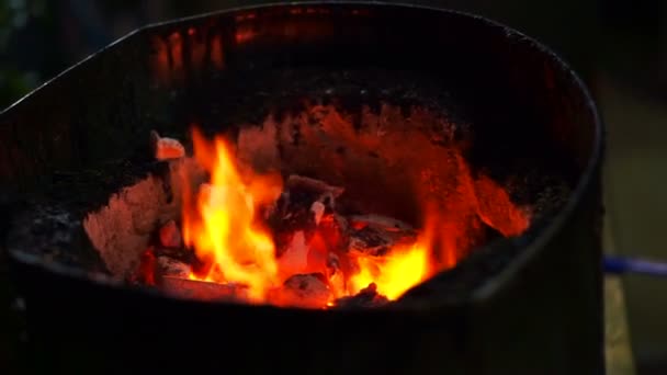 Brandende houtskool op brand in kachel voor het koken — Stockvideo