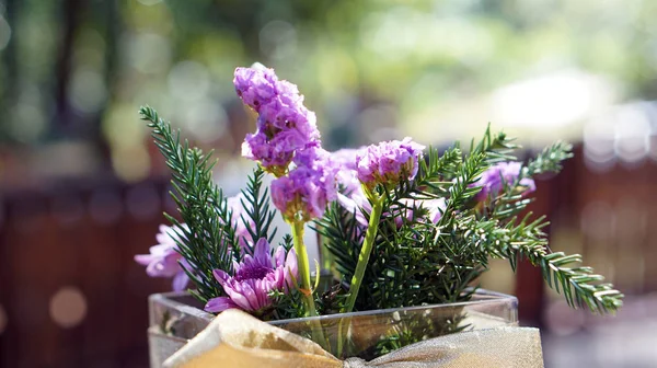 Фиолетовый цветок в вазе размыть природный фон — стоковое фото