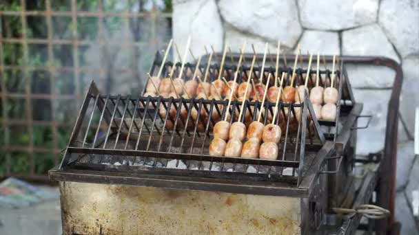 Cuisine de rue de style thaïlandais, Saucisse aigre grillade sur le côté de la rue — Video