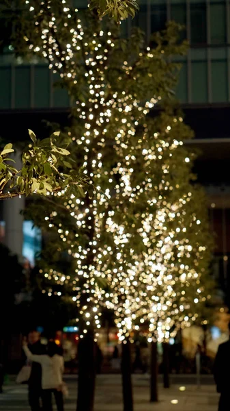 Flou bokeh éclairage décoratif sur l'arbre pour les vacances de Noël d'hiver — Photo