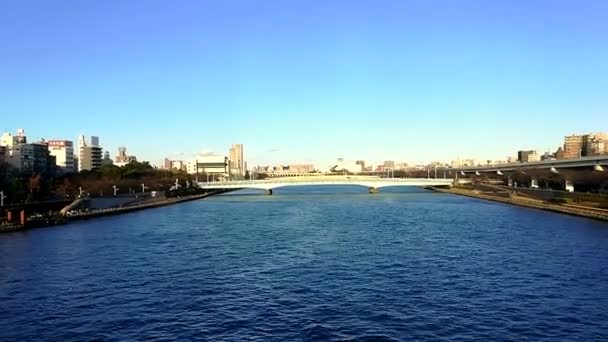 Vista del río Sumida desde el tren sobre el puente de Tokio, Japón — Vídeos de Stock