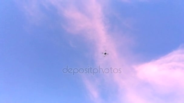 Unidentified brand Drone flying for aerial shot with purple sky background — Stock Video