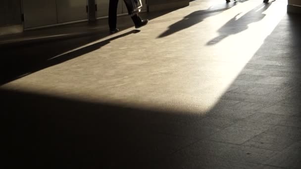 La gente de la ciudad caminando para conmutar en la luz del sol de la mañana proyectando sombra en suelo de pavimento — Vídeo de stock