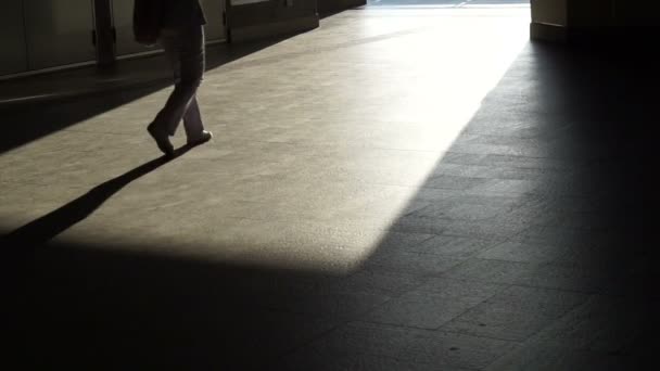 City people walking to commute in morning sunlight casting shadow on paving floor — Stock Video