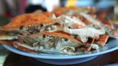 Tay deniz ürünleri tabağı. Turuncu büyük tepside buğulama mavi yengeç pişmiş