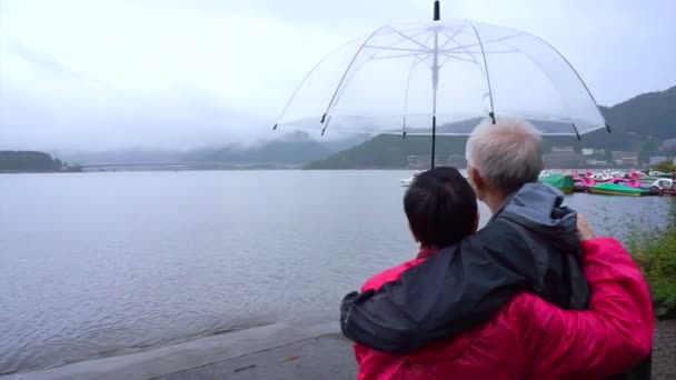 Senior pareja asiática bajo sombrilla clara mientras viajan al lago nublado, explorar el mundo juntos después de retirarse — Vídeo de stock