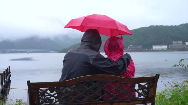 Ledande asiatiska par under tydlig paraply medan resor till grumlig sjö, utforska världen tillsammans efter Pension — Stockvideo