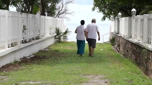 Asian elder senior couple walking hand in hand to the sea — Stock Video